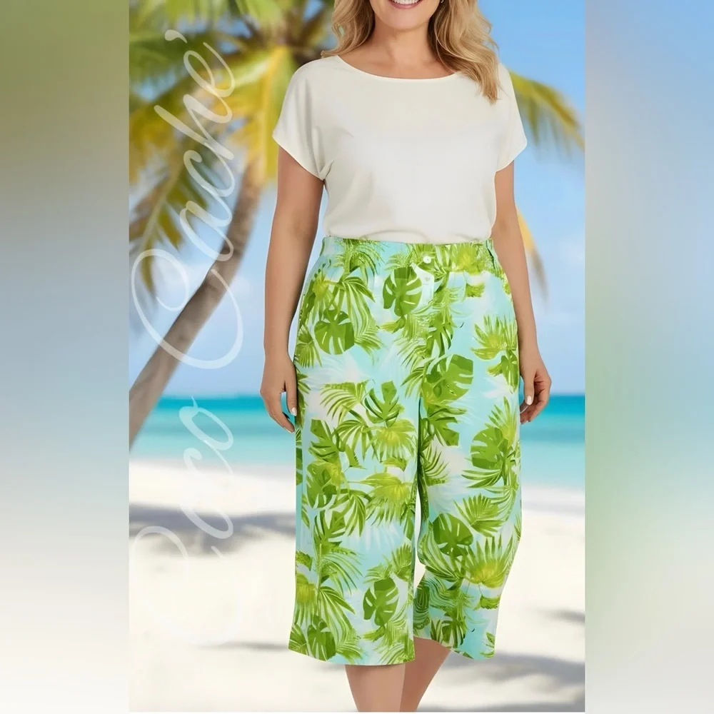 Paradise Palms Petite Casual Printed Linen Blend Beachwear Capri Pants - Picture 1 of 13